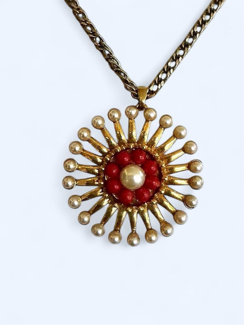 Vintage Signed MONET Gold Tone Starburst Pendant Necklace Faux Coral & Pearl